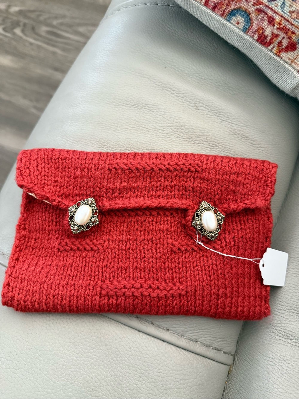 Red Knit Fold-Over Clutch with Ornate Button Detail